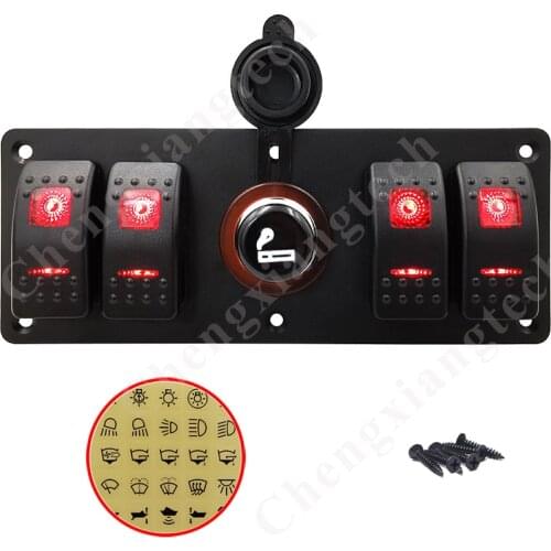 Car Boat Cigarette Lighter Plug Socket 4 Gang Rocker Switch Panel Red Led SPST On Off Toggle Switch Aluminum Panel With Stickers