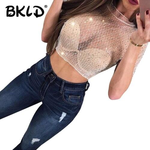 BKLD Summer Black White Mesh Top Sexy Shirt See-through Women Tops Female Solid Diamonds Glitter Tees 2018 New Sexy T shirt Tops