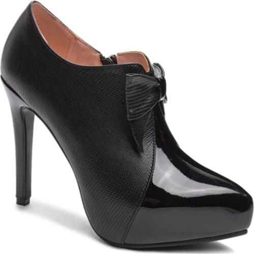 Bowknot Patent Leather Stiletto High Heels Pointed Toe Waterproof Platform Ankle Boots for women