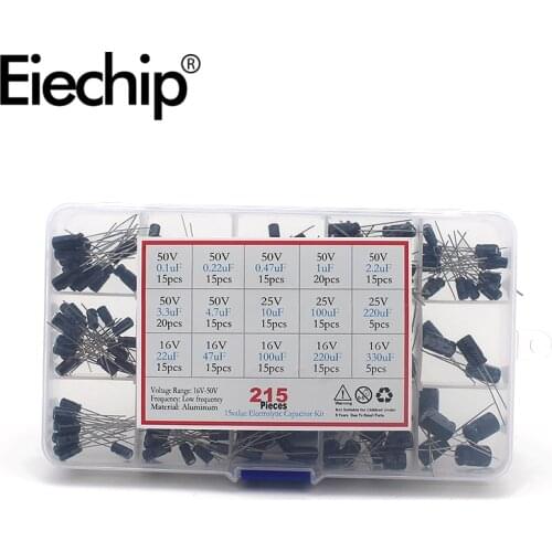 Electrolytic Capacitor kit 15 Values 0.1uF-330uF 16V 25V 50V Capacitors Assortment Kit with Box 215Pcs