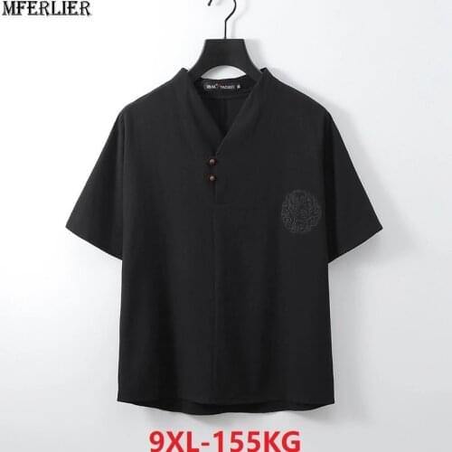 High quality Summer Men chinese style sleep tops big size T-shirt Short Sleeve Tees oversize 9XL casual v-neck linen homewear 64