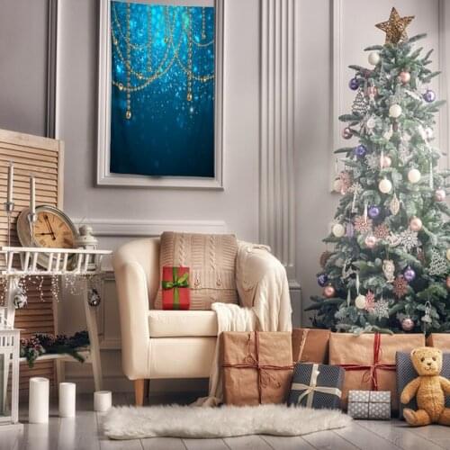 Tapestry Golden Decorating Baubles On Glowing Holiday Becomes Blurred Background Snowflakes And Stars Yellow With Blue
