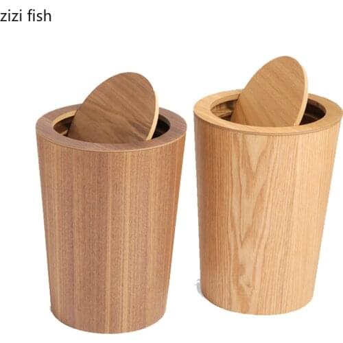 Solid Wood Wastebasket Home Cleaning Tools Round Trash Can Swing Cover Office Storage Baskets Garbage Can with Lid Waste Bins
