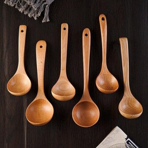 Kitchen Wood Long Handle Soup Spoon Retro Anti-Scalding Porridge Curved Spoon Easy To Clean Oil Spoon Kitchen Accessories