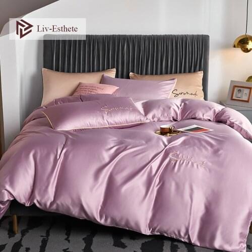 Liv-Esthete 100% Silk Goddess Purple Bedding Set Silky Embroidery Queen King Duvet Cover Flat Sheet Pillowcase For Sleeping