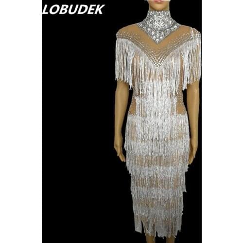 Flashing Rhinestones White Tassels Mesh Dress Prom Celebration Sexy Long Dresses Stars Singer Host Stage Wear Nightclub Costume