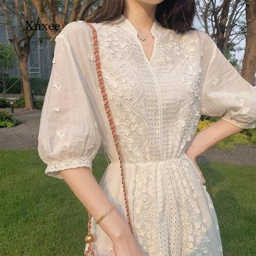 Sweet Hollow Out Midi Dress 2021 New Fashion Elegant Lace Long Bodycon Girl Casual Puff Sleeve Holiday Lady Vestidos Beach Robe