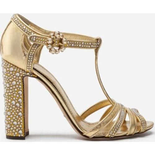 Moraima Snc Gold Crystal Embellished T-strap Woman Sandal Sexy Peep Toe Thick Heels Party Wedding Heels Ankle Strap Sandal