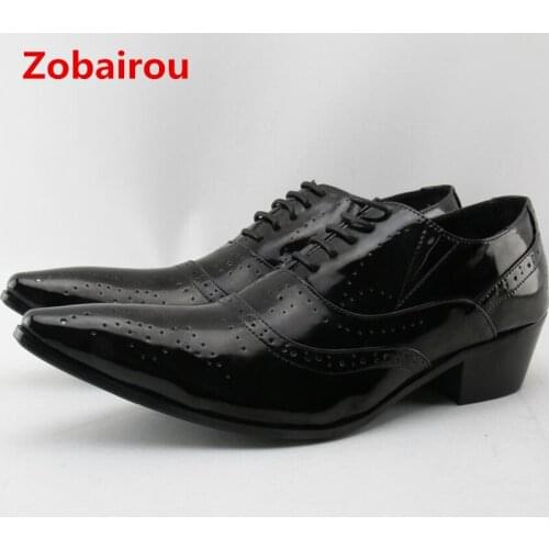 Zobairou plus size mens patent leather black shoes high heels pointy prom shoes luxury office loafers zapatos hombre italy