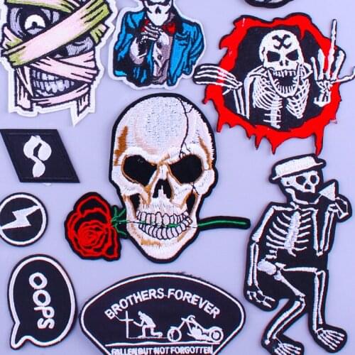 Rose Flower Punk Skull Patches For Clothing Iron On Embroidered Patches For Clothes Hippie Rock DIY Embroidery Patch For Clothes
