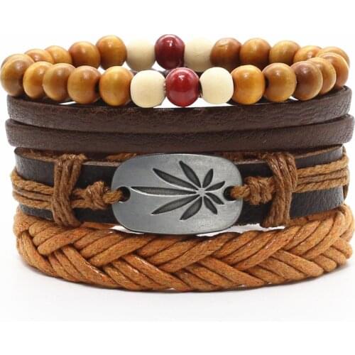 New Vintage Wrap 4 Pcs/set Feather Wing Yellow Maple Leaf Charm Leather Beads Bracelets For Women Men Homme Femme Male Jewelry