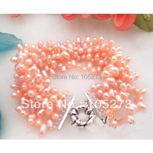 New Arriver Chirstmas Jewellery ! Stunning 5Rows Natural Pink Potato Shaper AA 6-7MM Genuine Freshwater Pearls Bracelet 8inch