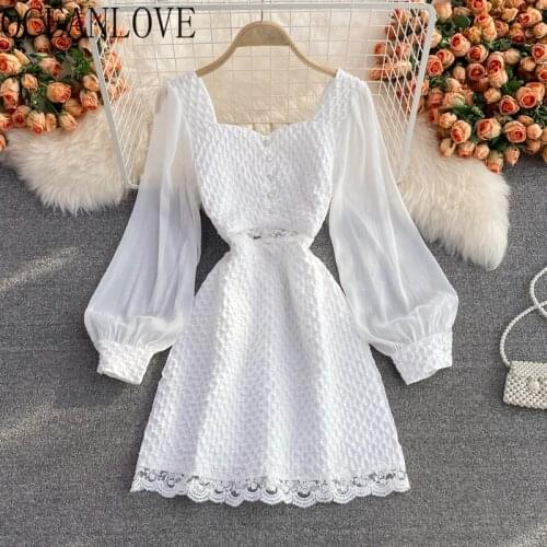 OCEANLOVE Vestidos Solid White Lantern Sleeve Vintage Autumn Elegant Women Dresses Mesh Pacthwork A-line Mini Dress Korean