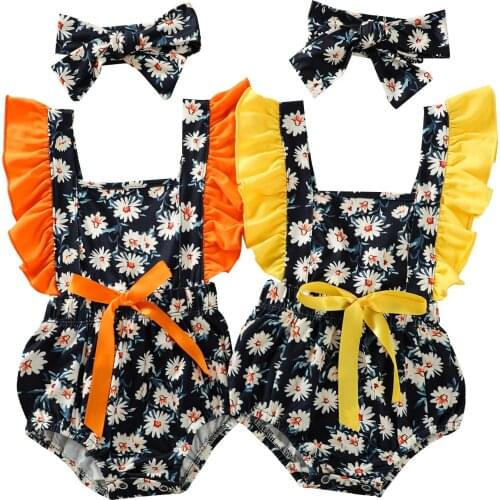 0-24M Cute Infant Baby Girl Romper Square Collar Daisy Printing Ruffle Backless Bow One Piece Outfit Summer Clothes 2pcs