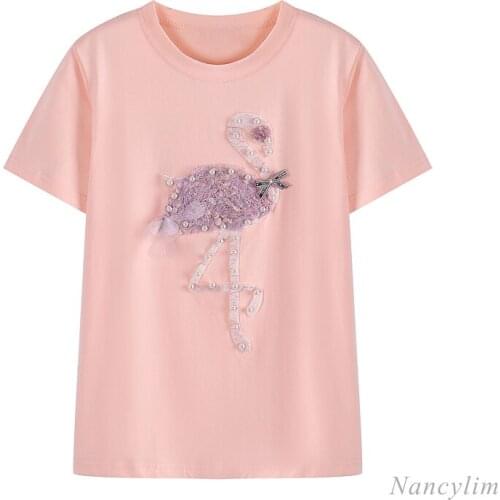 Bird Beaded Embroidery Cotton Shirt Woman Short Sleeve Pink White T-Shirts 2021 Summer Korean Style Students Tops Loose