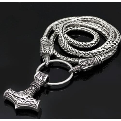 Viking Cord Odins Ravens Of Thors Hammer Mjolnir Scandinavian Axe Wolf Pendant NECKLACE - Stainless chain