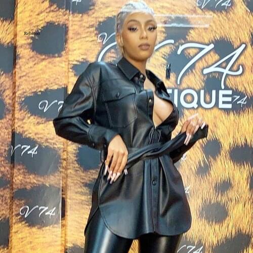 Womens Solid Color Pu Long-Sleeved Shirt Top Autumn and Winter Fashion New Style