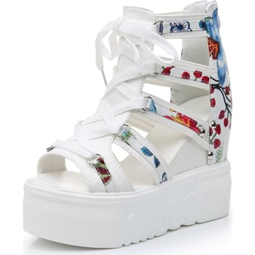 INS Hot Print Leisure Wedges Womens Shoes 2020 Summer Shoes Women Sandals Platform Shoelaces High Heels Casual Shoes Woman