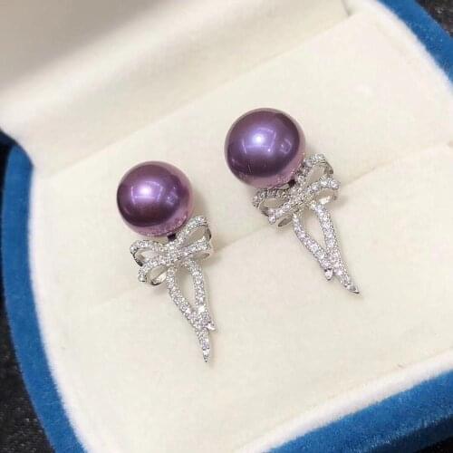 D614 Pearl Earrings Fine Jewelry 925 Sterling Silver Round 7-8mm Nature Fresh Water Purple Pearls Stud Earrings for Women