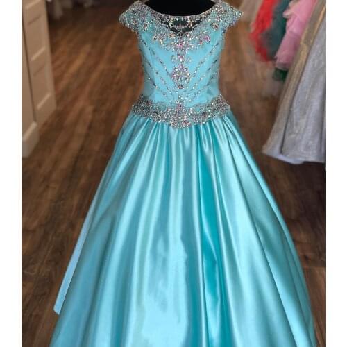 Aqua Satin Pageant Dress for Teens Juniors Toddler 2021 AB Stones Crystal Long Pageant Gown for Little Girl Cap Sleeve Formal Pa