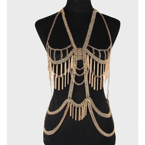 Stage show party girl body chains costume women Body ketting fashion gold multilayer tassel bikini ketting necklace jewelry