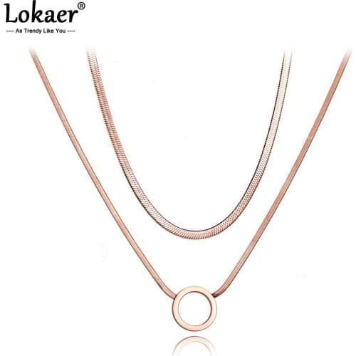 Lokaer Bohemia Titanium Stainless Steel Double Layer Circle Choker Necklaces Pendant Snake Chain Necklace For Women Girls N20001