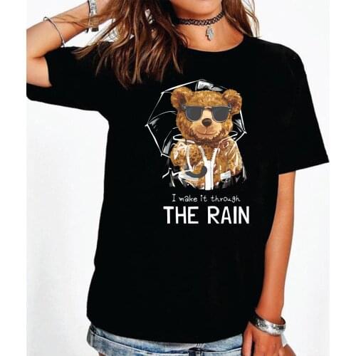 BLINGPAW Teddy Bear I Make It Through The Rain Letter Print T-shirt Unisex Top&Tees Summer Custom Tee Shirts Summer Plus Size