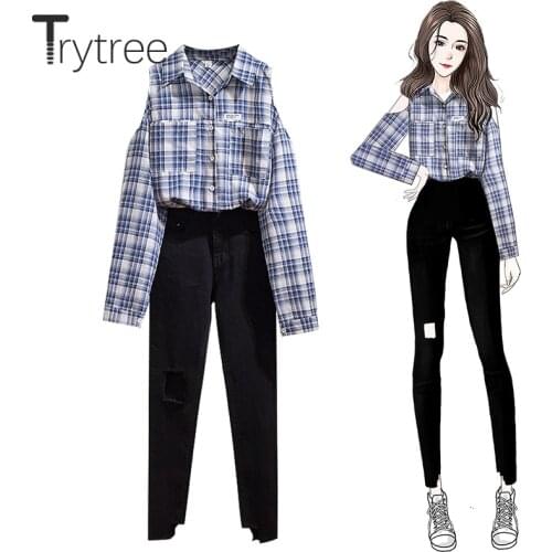 Trytree AW Women Casual Two piece set Plaid Hollow Out Sleeves 2 Colours Blouse + Jeans Button Fly Pockets Fashion 2 Piece Set