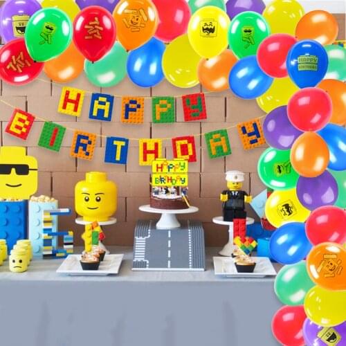Colorful Building Block Happy Birthday Party Decoration For Kids Boys Girl Brick Block Theme Party Supplies With Banner Balloons