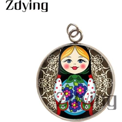 Zdying Round Stainless Steel Pendants Glass Cabochon Ethnic Russian Nesting Dolls Picture Dome Charm Jewelry Accessories EE054