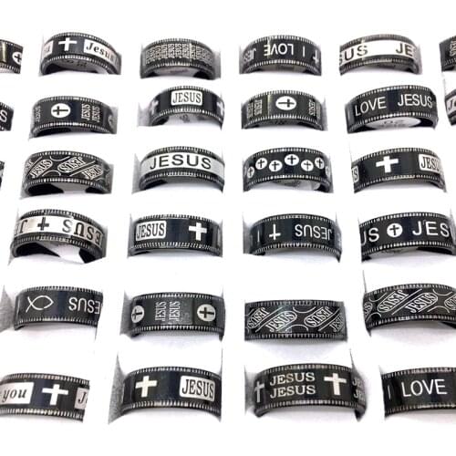 Wholesale 36pcs/Lot Mens Womens Rings Black Etched Pattern Love of Jesus Cross Stainless Steel Band Jewelry