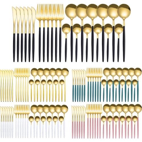 24pcs Stainless Steel Tableware Set Rainbow Gold Black Dinnerware Set Knife Fork Spoon Cutlery Set Safe Flatware Set Dishwasher