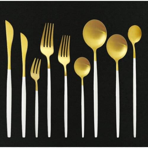 Matte White Gold Cutlery Set Western Stainless Steel Tableware Home Dessert Knife Spoon Fork Ice Cream Spoon Kit Dinnerware Set