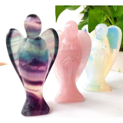Natural Rainbow Fluorite/Opal/Rose Quartz Crystal Carved Angel Ornament Small Statue For Decorations