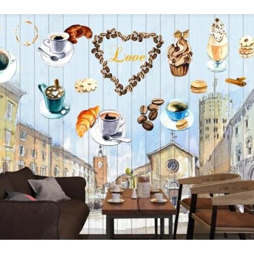 Papel de parde Watercolor hand drawn coffee and landscape 3d wallpaper,beer house kitchen mural