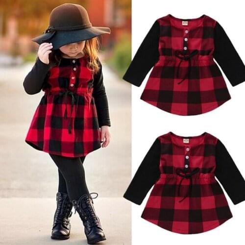 Autumn Toddler Kids Baby Girls Plaid Shirt Dress Long Sleeve Button Lace-up Clothes Tutu Red Dresses