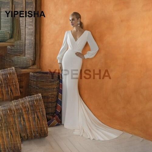 Simple V-Neck Long Sleeve Mermaid Evening Dresses Backless Appliques Formal Prom Party Gown robe de soirée de mariage платье