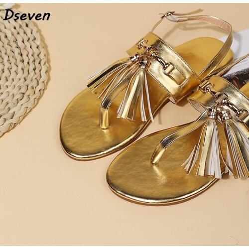 Hot Women Sandals Summer New Fashion Metal Chain Ladies Sandals Round Toe Flat Tassel Flip Flops Outside Beach Sandals sandalias