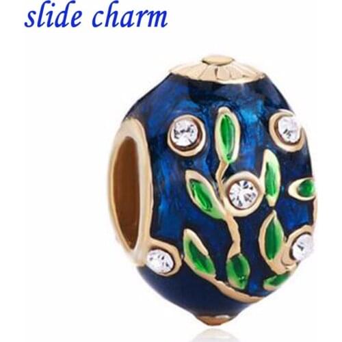 Slide charm Free shipping Green seaweed blue egg pendant beads fit Pandora bracelet