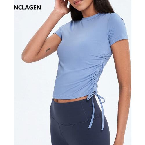 NCLAGEN Sports Top Women Short Sleeve Elastic Yoga Shirt Waist Drawstring Scrunch Leisure Workout Gym Running Fitness Blouse
