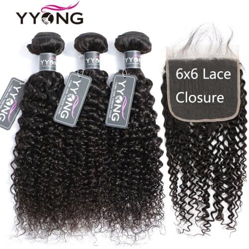 YYong 6X6 Lace Closure With Bundles Brazilian Kinky Curly Remy Hair Bundles With Lace Closure 100% Human Hair Natural Color