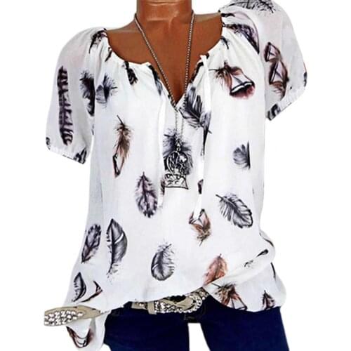 Feather Print Women Shirt Short Sleeve Simple Front Lace Up Summer Shirt Top Streetwear
