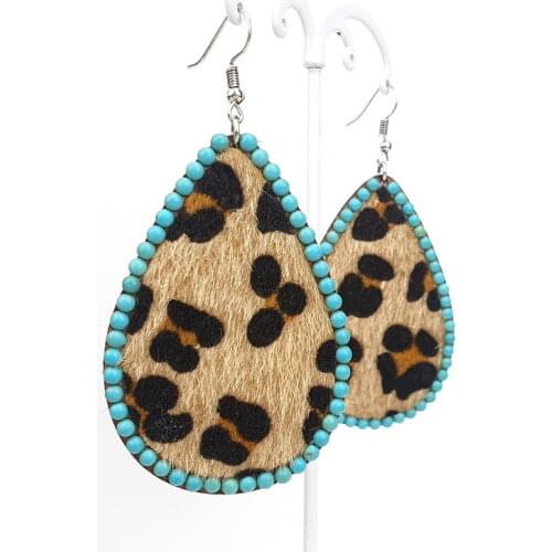 New Turquoise Stone Beads Around Wood Teardrop Leopard Earrings for Women Natural Wooden Base Statement Christmas Earrings Gifts