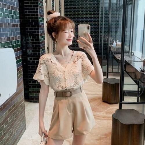 2021 Summer Korean Fashion Skirt Set Women Sweet Short Sleeved Blouse and Fashion Shorts with Belt Elegant 2 Piece Suits Q152