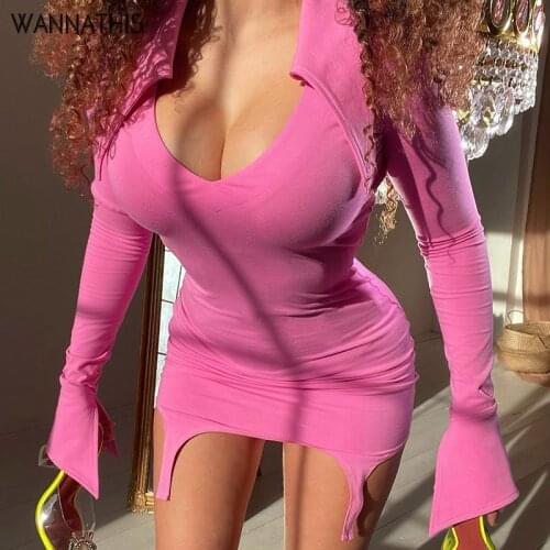 WannaThis Flare Sleeve Sexy Irregular Womens Mini Dress V-neck Dress Solid Aesthetic Party Streetwear Bodycon 2021 New Vestidos
