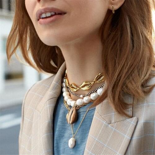 MAA-OE Fashion Multi-layer Shell Imitation Pearl Necklace For Women Boho Gold Necklaces & Pendants 2019 Vintage Jewelry