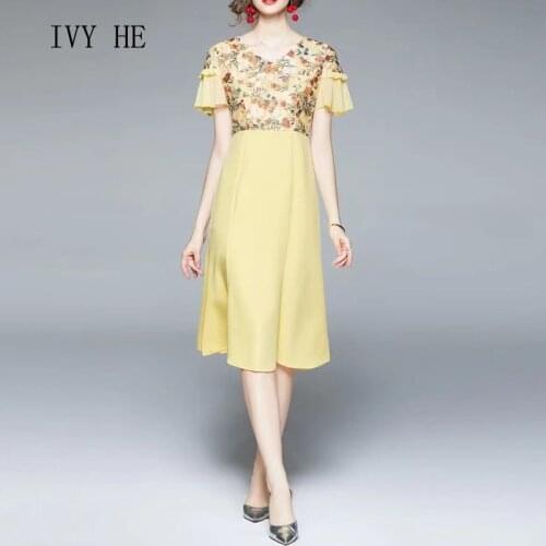 IVY HE High Quality Summer Dress Woman Clothing Patchwork Printed Fishtail Midi Long Dress Traf Robe ZA Holiday Party Dresses