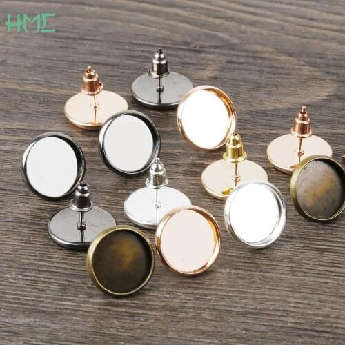 12mm 10pcs 6 Colors High Quality Iron Earring Studs(with Ear plug) Base Fit 12mm Glass Cabochons