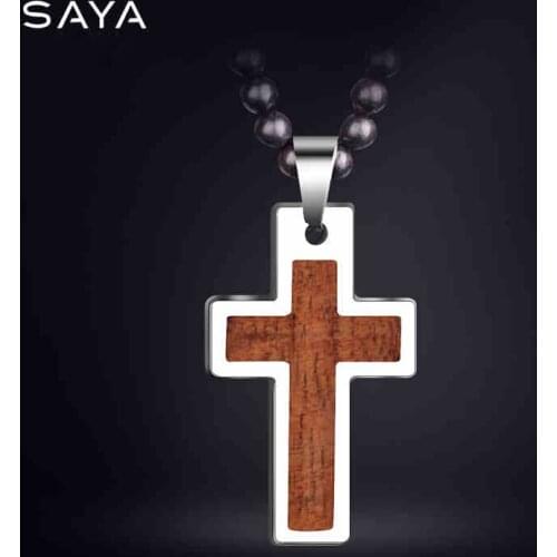 2021 High Polished Tungsten Carbide Cross Pendants inlay Wood with Rose Wood Necklace 70cm Length for Best Gift, Free Shipping