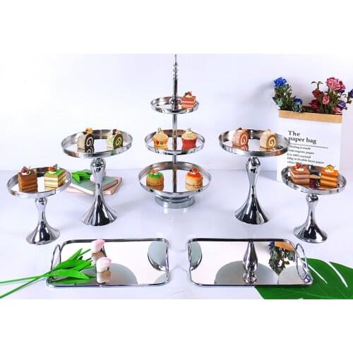 4-7 Pcs Silver Electroplate Cake Stand Set acrylic Mirror Metal Cupcake Display Wedding Birthday Party Dessert Plate Rack
